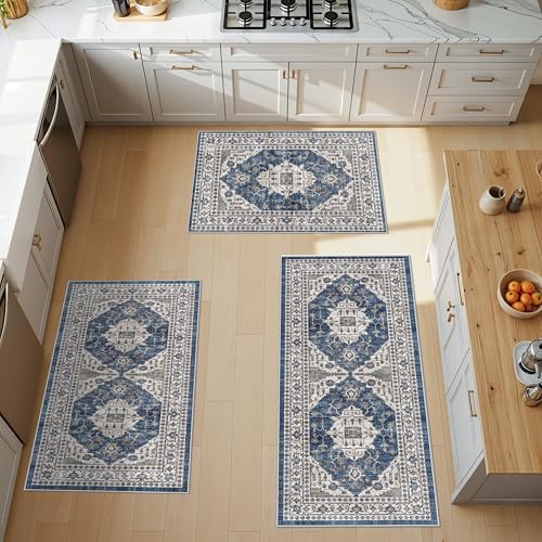 3 Pieces Kitchen Rug Sets: Farmhouse Washable Non-Slip Floor Mat for Sink Stove & Fridge Area Water Resistant Carpet for Laudry Room Entryway Soft Cozy Runners for Kids Pets Family(2x3+2x4+2x5,Blue) by HYHAOYUNLAI
