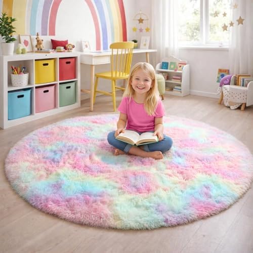 Amdrebio Rainbow Big Round Furry Area Rug 7Ft for Living Room Girls Bedroom - Image 3