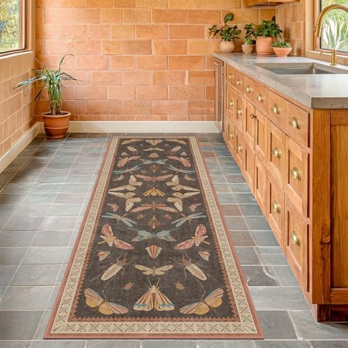 Brown 2x5 Runner Rug, Washable Non Slip Carpet for Bathroom, Entryway, Kitchen Floor & Hallway, Vintage Boho Insect Design with Butterfly Moth Print by HazoHaus