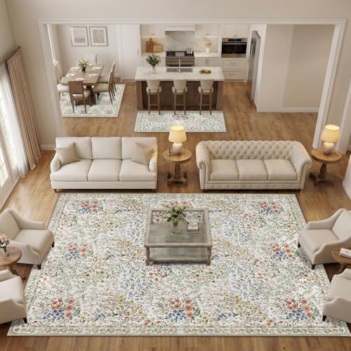Large Washable Area Rug 12x15: Vintage Floral Distressed Botanical Rug - Machine Washable Non Slip Low Pile Soft Foldable Carpet - Great Room Open Concept Family Room Luxury Indoor Rug - 12'x15' Beige - Image 5