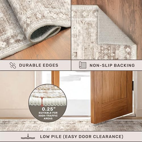 Hazo Haus Boho Bathroom Rug 2x5 Runner, Neutral Farmhouse Kitchen Rugs, Small Throw Runners for Laundry Room Bedroom, Vintage Floral Décor, Non-Slip Low-Pile Washable Stain Resistant Beige Latte - Image 5