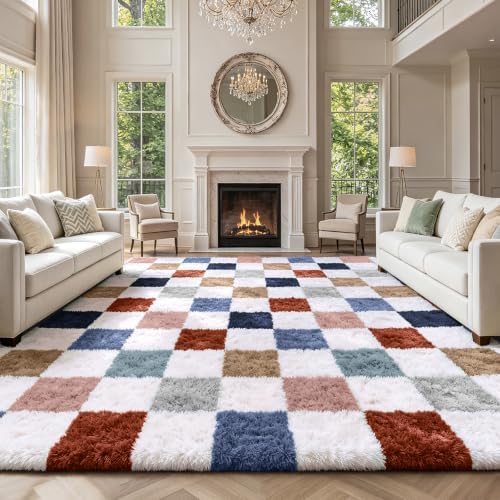 Large Shag Area Rug for Bedroom Living Room,9x12 Fluffy Soft Colorful Checkered Rug Fuzzy Shaggy Bedroom Carpet,Indoor Plush Floor Rugs for Teen Dorm Home Decor by Boshengya