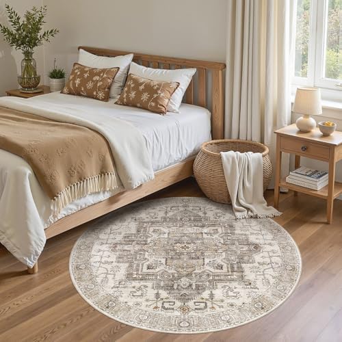 6ft Round Rug: Washable Light Brown Area Rugs for Living Room - Image 2