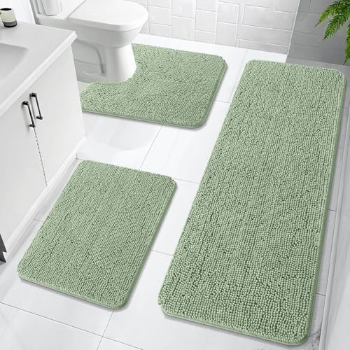 OLANLY Bathroom Rugs Sets 3 Piece, 59"x20"+24"x16"+24"x20", Sage Green by OLANLY