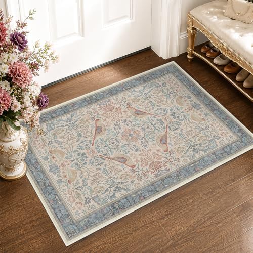 Hazo Haus Washable Red Blue 2x3 Entry Rug Front Door Indoor, Boho Cottagecore Kitchen Floor Rug, Non-Slip & Stain Resistant, Vintage Elegant Farmhouse Floral Décor by HazoHaus