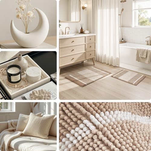 HOMEIDEAS Beige Bathroom Rugs Sets 2 Piece Chenille, 20"x32"+17"x24" - Image 3
