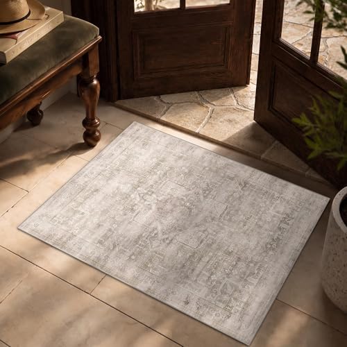2x3 Washable Boho Entryway Area Rug Light Beige Non-Slip Door Mat by LULLOSA