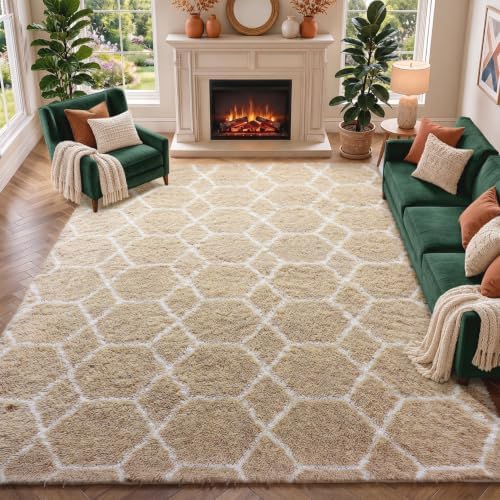 Area Rugs for Living Room, 5x8 Fluffy Beige and White Bedroom Geometric Rug by ONASAR