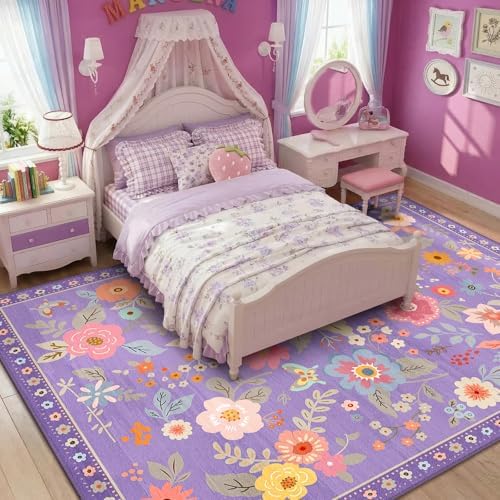 RELEANY Floral Washable 7x9 Area Rugs Purple/Pink by RELEANY