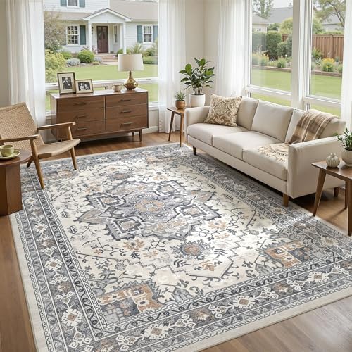 UERMEI 9x12 Area Rug Living Room Rugs - Washable Vintage Soft Large Rug Indoor Floor No Slip Rug Carpet for Bedroom Farmhouse Under Dining Table Home Office Decor - Grey-Orange - Image 5