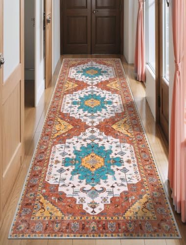 SERISSA 2'6"x10' Washable Non Slip Boho Runner Rug for Hallway，Orange by SERISSAHomeDecorCollection