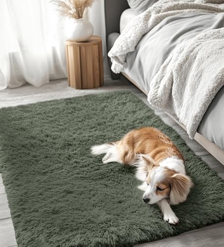 OLANLY 3x5 Machine Washable Small Bedside Rug, Soft Fluffy Shaggy Rugs for Living Room, Bedroom, Indoor Floor Carpet for Kids Girls and Boys, Preppy Dorms, Nursery, Home Decor Aesthetic, Olive Green - Image 3