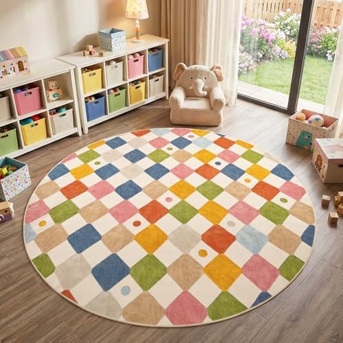 jinchan 8ft Kids Round Rug Washable Classroom Rug Colorful Checkered Mat by JINCHAN