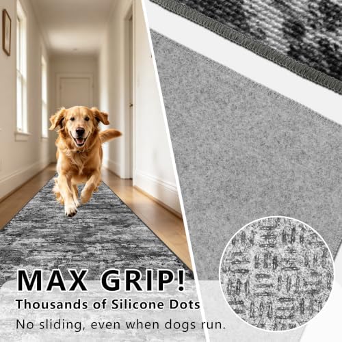 Long Hallway Runner Rug 2.6x12ft Textured Non Slip for Dogs,Black/Gray - Image 5