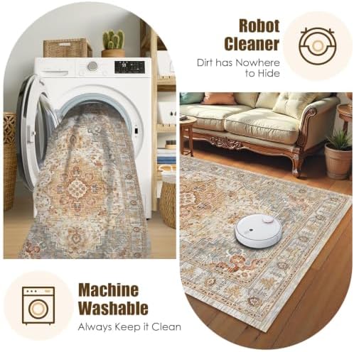 Washable Area Rug 9' x 12' Vintage Traditional Persian Mat - Foldable Distressed Non-Slip Machine Washable Carpet for Living Room Bedroom Kitchen Home Decor - Dove Gray and Coral - Image 7