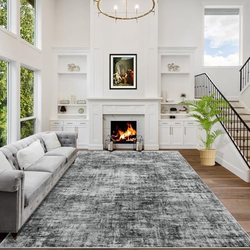 10x14 Area Rugs for Living Room: Washable Abstract Black Bedroom Carpet by GENTDRIZZ