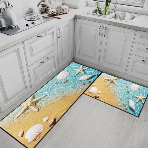 Kitchen Rugs Set of 2 Non Slip WashableStarfish Seashell - Image 2
