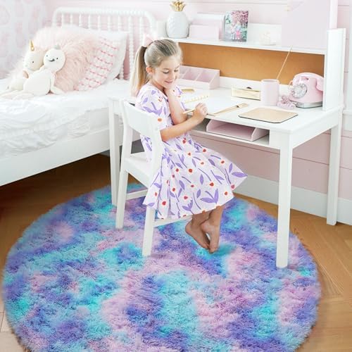 Amdrebio Purple Rainbow Mermaid Small Circle Rug 3Ft for Girls Kids Bedroom - Image 2