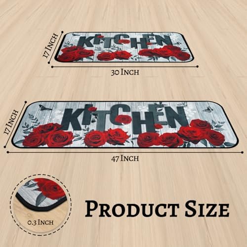 Red Rose Kitchen Rugs Set of 2, Kitchen Decor and Accessories Washable Rug - Image 2