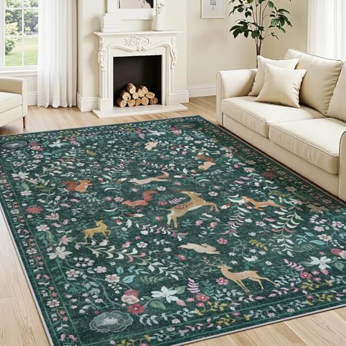 5x7 Area Rugs Boho Floral Washable Living Room Rug Neutral Carpet Nursery - Image 2