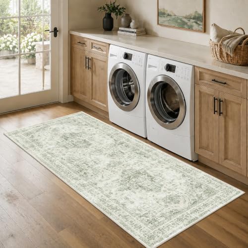 3x7 Washable Kitchen Runner Rug Non-Slip Medallion Green Throw Carpet - Image 3