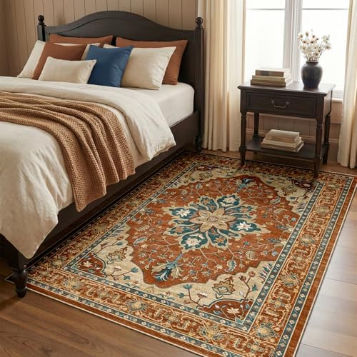 RELEANY Washable Area Rug, 4'x5', Red/Orange/Blue/Brown by RELEANY