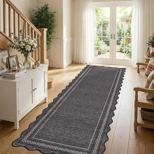 GarveeHome Scalloped Washable Rug 2x10 Kitchen Runner Non Slip, Charcoal - Image 2