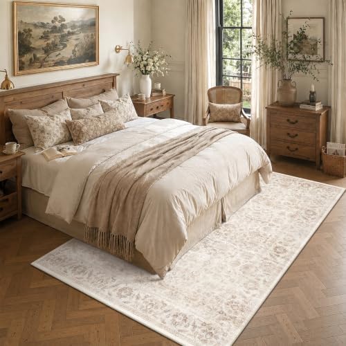 Washable 5x7 Bedroom Non-Slip Area Rug Vintage Beige Throw Carpet - Image 4