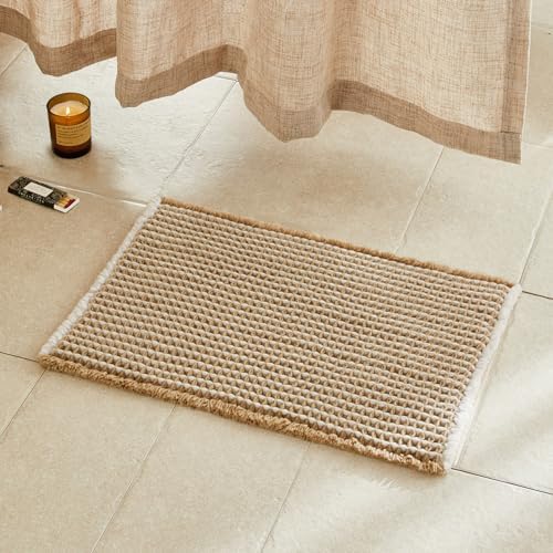 TYUU Waffle Bath Mat, Boho Bathroom Rugs Non Slip, 30x20 Khaki & White by TYUU