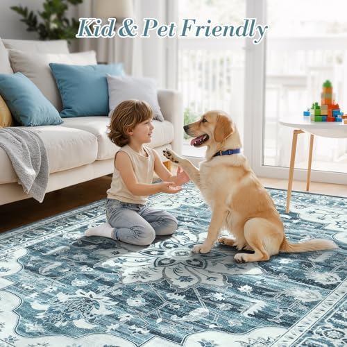 6x9 Washable Area Rugs for Living Room, Blue White Vintage Boho Rug - Image 6