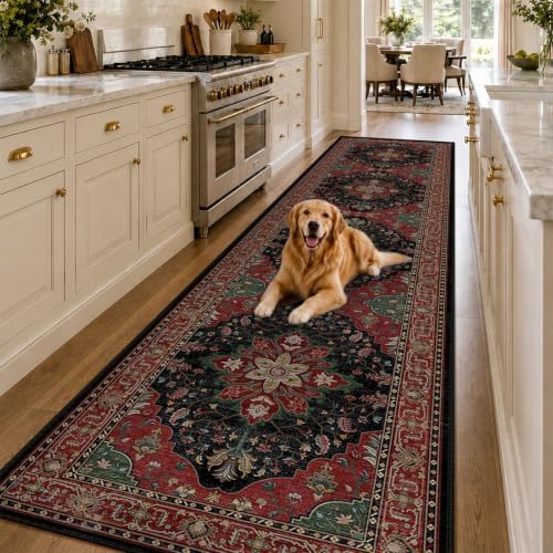 RELEANY Washable Area Rug, Runner 2'6"x10', Red/Black by RELEANY