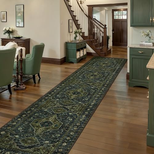 Tangsoo Oriental 2.6x12 Washable Hallway Runner Rug,Green Non Slip Long Rug - Image 3