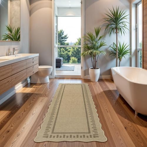 LIVEBOX Scalloped Washable 2x6 Runner Rug, Easy Jute Outdoor Rug Kitchen Tan Rugs for Entryway Hallway, Indoor Non Slip Rugs Farmhouse Geometric Modern Carpet for Laundry Room Bedroom Door Mat Porch - Image 3