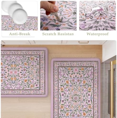 KIMODE Anti Fatigue Kitchen Mats,Purple Boho Floral Kitchen Rugs Sets of 2 - Image 6