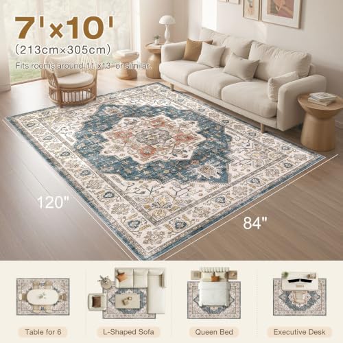 7x10 Area Rug: Washable Vintage Soft Blue Rugs for Living Room - Image 2