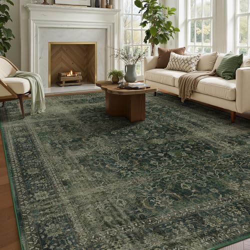 Dark Green 8x10 Rugs for Living Room, Vintage Distressed Large Rug for Bedroom Under Bed, Washable Non Slip Low Pile Moody Earth Tone Carpet Rugs for Dining Room Home Office by Jainmy