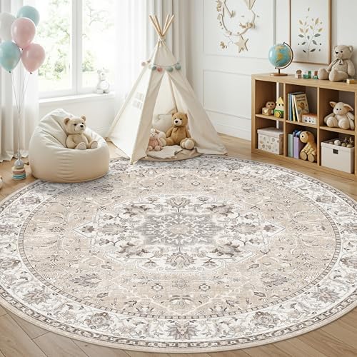 7x7 Living Room Area Rug: Washable Oriental Printed Soft Round Rug for Bedroom Besides Non-Slip Low-Pile Carpet for High-Traffic Area Indoor Stain Resistant Distressed Home Decor Mat(7Round,Beige) by HYHAOYUNLAI