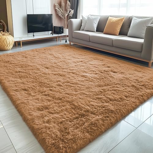 OLANLY 5x8 Machine Washable Large Area Rugs for Living Room, Bedroom, Soft Fluffy Shaggy Bedside Rug, Indoor Floor Carpet for Kids Girls and Boys, Dorms, Nursery, Home Decor Aesthetic, Khaki by OLANLY