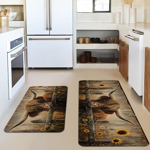 Farmhouse Kitchen Rugs Sets of 2 Non Slip Washable, Country Rustic Brown Highland Cow Kitchen Mats for Floor 2 Piece Home Decor - Image 2