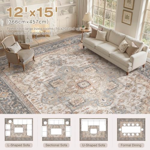 EIEIHOUSE Washable 12x15 Area Rugs for Living Room Forest Green Orange - Image 2