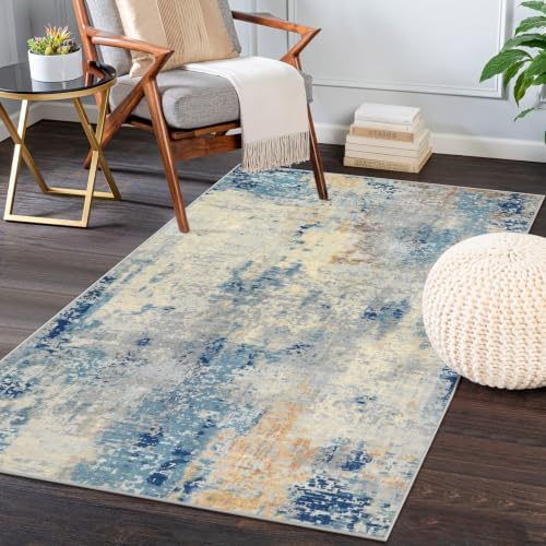 Lahome Modern Abstract Area Rug 3x5, Washable Bedroom Rug Soft Throw Entry Mat Contemporary Faux Wool Non-Slip Stain Resistant Carpet for Living Room Kitchen Bath Office, Blue/Yellow/Ivory by Lahome