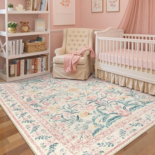 Wonnitar Pink Rugs for Nursery, 5x7 Washable Rug for Bedroom Girls, Boho Soft Floral Carpet Non Slip, Indoor Ultra-Thin Floor Carpet for Baby Kids Room Living Room Dorm Decor by Wonnitar