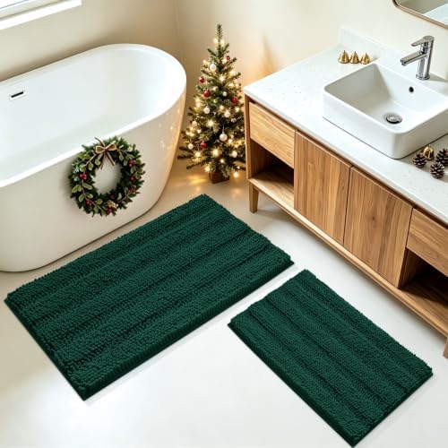 Christmas Striped Deep Green Bathroom Rug Mat Set 2 piece 32"x20"+24"x17" Ultra Soft, Non Slip Chenille Bath Rugs, Absorbent Plush Shaggy Bath Mats for Bathroom, Bedroom, Kitchen, Shower, Tub by ACCUMTEK