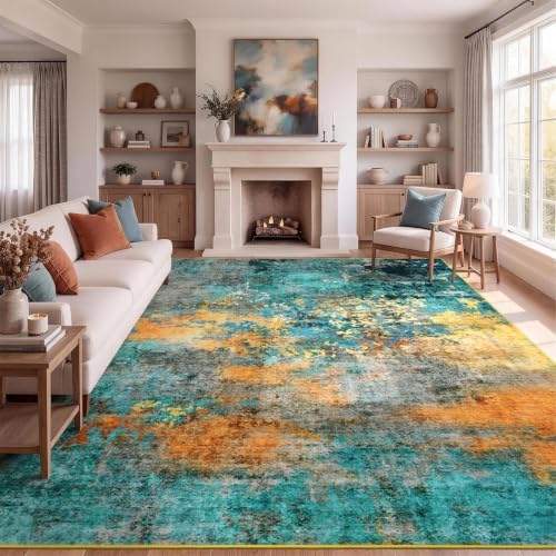 8x10 Area Rug for Living Room, Abstract Washable Large Rugs, Teal/Orange by Lofus
