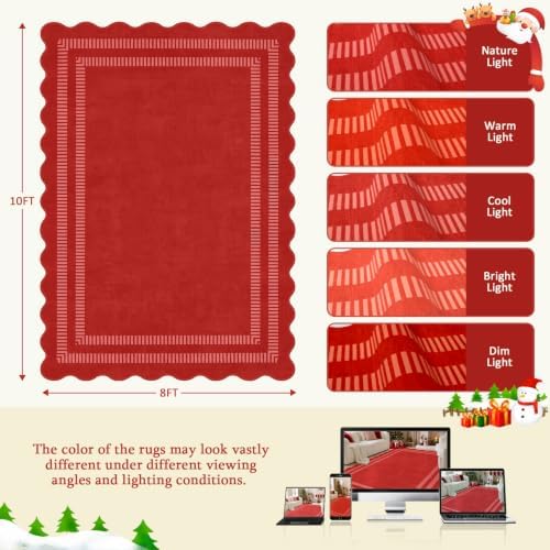 Washable 8x10 Christmas Area Rugs for Living Room, Solid Red Ultra-Thin Bedroom Rug Non-Slip Dining Room Rugs, Soft Scalloped Carpet for Nursery Kids Room Office - Image 2