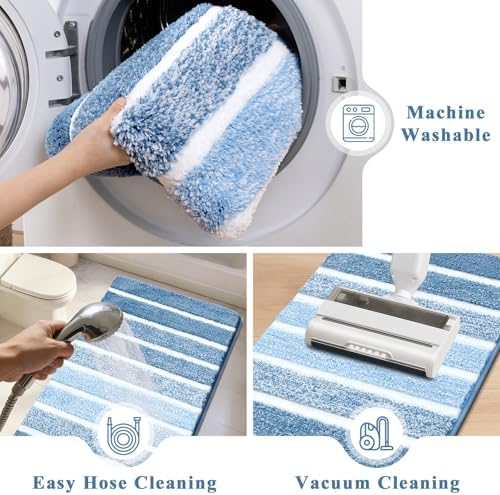 Yamaziot Blue Bathroom Rugs Set 3 Piece Washable Non Slip Striped Mat - Image 6