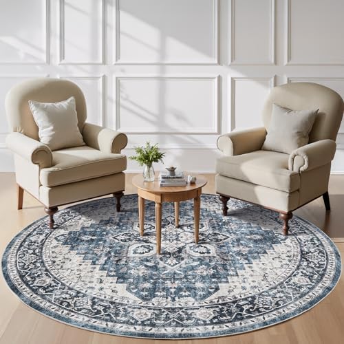 Amada Round 8x8 Washable Area Rug for Dining Room, Blue, Vintage Pattern by AMADAHOMEFURNISHING