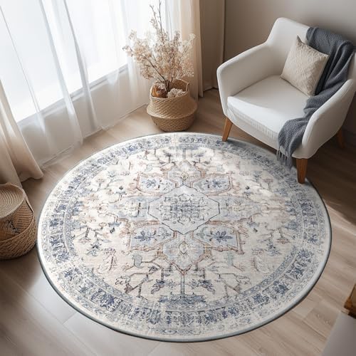 BESTSWEETIE Washable Boho Round 4ft Area Rug for Living Room, Beige Blue by BESTSWEETIE
