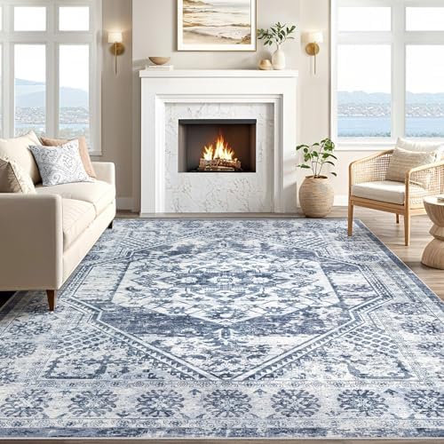 cotiled 5x7 Area Rug for Living Room, Washable, Traditional, Distressed Blue - Image 5