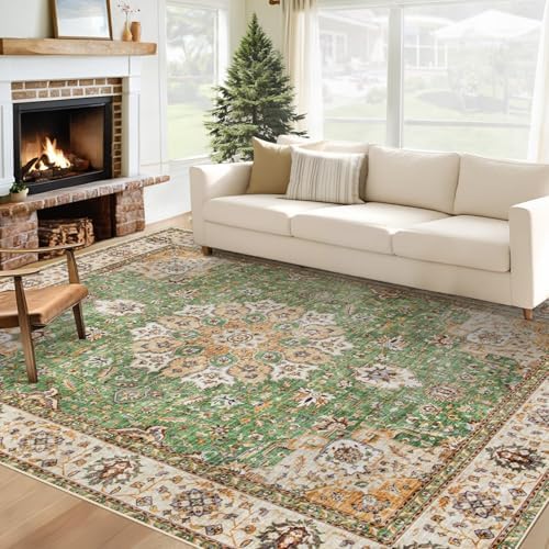 Area Rug 6x9 Washable Rug, Vintage Boho Medallion Rugs Non-Slip Soft Low Pile Large Distressed Rug Indoor Retro Carpet for Living Room Bedroom Dining Room Home Office (Vintage Green, 6'x9') by VECARF